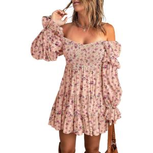 imageDokotoo Womens 2025 Spring Summer Dresses Elegant Off The Shoulder V Neck Long Sleeve Ruffle Flowy Mini Short Skater DressesZ Print Pink 3