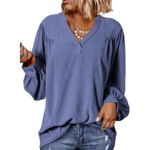 imageDokotoo Womens Blouses Tops for Women Trendy V Neck Smocked Blouses for Women Dressy Casual Long Sleeve Shirts for WomenBlue