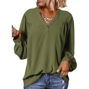 imageDokotoo Womens Blouses Tops for Women Trendy V Neck Smocked Blouses for Women Dressy Casual Long Sleeve Shirts for WomenGreen