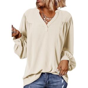 imageDokotoo Womens Blouses Tops for Women Trendy V Neck Smocked Blouses for Women Dressy Casual Long Sleeve Shirts for WomenWhite