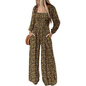 imageDokotoo Womens Casual Loose Overalls Jumpsuits One Piece Long Sleeve Printed Wide Leg Long Pant Rompers With PocketsBlack1