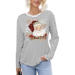imageDokotoo Womens Casual Striped Long Sleeve Tops Crew Neck Knit Basic T ShirtsChristmas Black Stripe 2