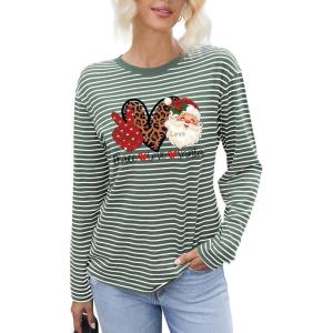 imageDokotoo Womens Casual Striped Long Sleeve Tops Crew Neck Knit Basic T ShirtsChristmas Green Stripe 2