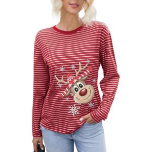 imageDokotoo Womens Casual Striped Long Sleeve Tops Crew Neck Knit Basic T ShirtsChristmas Red Stripe 2