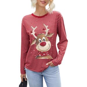 imageDokotoo Womens Casual Striped Long Sleeve Tops Crew Neck Knit Basic T ShirtsChristmas Red Stripe 4