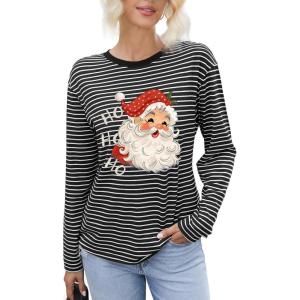 imageDokotoo Womens Casual Striped Long Sleeve Tops Crew Neck Knit Basic T ShirtsChristmas White Stripe 1