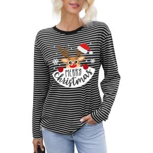 imageDokotoo Womens Casual Striped Long Sleeve Tops Crew Neck Knit Basic T ShirtsChristmas White Stripe 2
