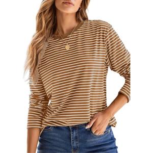 imageDokotoo Womens Casual Striped Long Sleeve Tops Crew Neck Knit Basic T ShirtsKhaki Stripe