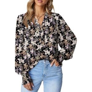 imageDokotoo Womens Casual V Neck Easel Floral Print Long Sleeve Blouses Smocked Button Down Shirts Bohemian TopBlack