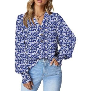 imageDokotoo Womens Casual V Neck Easel Floral Print Long Sleeve Blouses Smocked Button Down Shirts Bohemian TopBlue