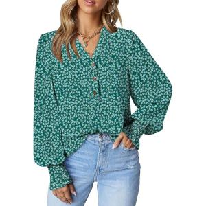imageDokotoo Womens Casual V Neck Easel Floral Print Long Sleeve Blouses Smocked Button Down Shirts Bohemian TopDark Green