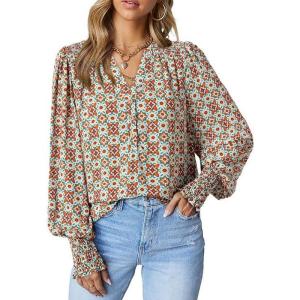 imageDokotoo Womens Casual V Neck Easel Floral Print Long Sleeve Blouses Smocked Button Down Shirts Bohemian TopGreen