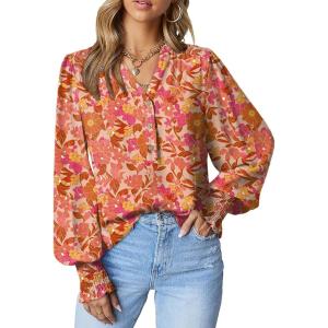 imageDokotoo Womens Casual V Neck Easel Floral Print Long Sleeve Blouses Smocked Button Down Shirts Bohemian TopOrange