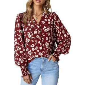 imageDokotoo Womens Casual V Neck Easel Floral Print Long Sleeve Blouses Smocked Button Down Shirts Bohemian TopRed