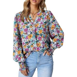 imageDokotoo Womens Casual V Neck Easel Floral Print Long Sleeve Blouses Smocked Button Down Shirts Bohemian TopSky Blue