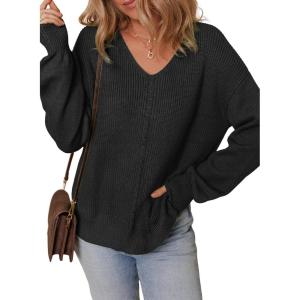 imageDokotoo Womens Casual V Neck Sweaters Long Sleeve Pullover Sweater Knit Jumper TopsBlack