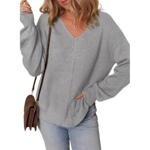 imageDokotoo Womens Casual V Neck Sweaters Long Sleeve Pullover Sweater Knit Jumper TopsGrey