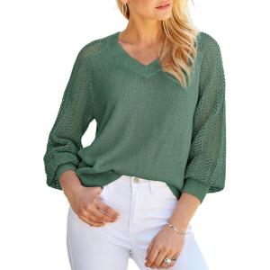 imageDokotoo Womens Casual VNeck Long Sleeve Sweaters Solid Color Pullover Knit Sweater Jumper TopsMist Green