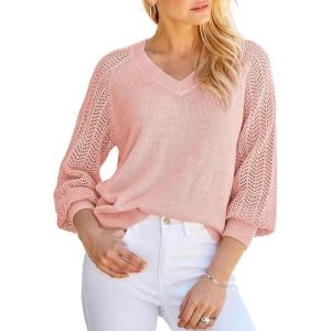 imageDokotoo Womens Casual VNeck Long Sleeve Sweaters Solid Color Pullover Knit Sweater Jumper TopsPink