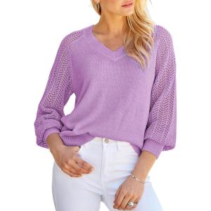 imageDokotoo Womens Casual VNeck Long Sleeve Sweaters Solid Color Pullover Knit Sweater Jumper TopsPurple