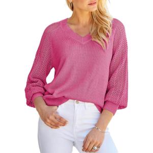 imageDokotoo Womens Casual VNeck Long Sleeve Sweaters Solid Color Pullover Knit Sweater Jumper TopsRose