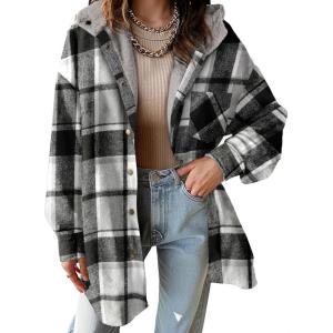 imageDokotoo Womens Flannel Hooded Plaid 2025 Shacket Thick Coat Winter Coat for Warmth Button down Warm and Fuzzy Fleece JacketBlack