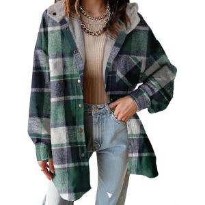 imageDokotoo Womens Flannel Hooded Plaid 2025 Shacket Thick Coat Winter Coat for Warmth Button down Warm and Fuzzy Fleece JacketBlackish Green
