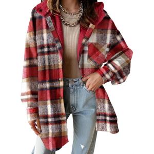 imageDokotoo Womens Flannel Hooded Plaid 2025 Shacket Thick Coat Winter Coat for Warmth Button down Warm and Fuzzy Fleece JacketFiery Red