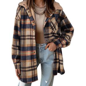 imageDokotoo Womens Flannel Hooded Plaid 2025 Shacket Thick Coat Winter Coat for Warmth Button down Warm and Fuzzy Fleece JacketLight French Beige