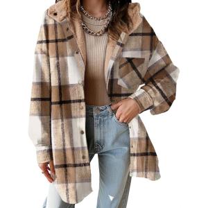 imageDokotoo Womens Flannel Hooded Plaid 2025 Shacket Thick Coat Winter Coat for Warmth Button down Warm and Fuzzy Fleece JacketParchment