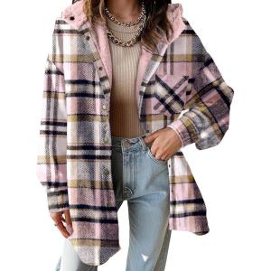imageDokotoo Womens Flannel Hooded Plaid 2025 Shacket Thick Coat Winter Coat for Warmth Button down Warm and Fuzzy Fleece JacketPink