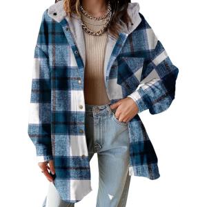 imageDokotoo Womens Flannel Hooded Plaid 2025 Shacket Thick Coat Winter Coat for Warmth Button down Warm and Fuzzy Fleece JacketPrussian Blue