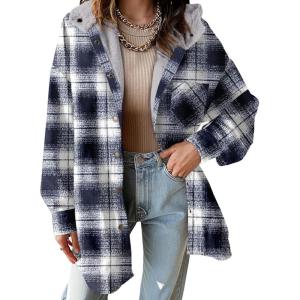 imageDokotoo Womens Flannel Hooded Plaid 2025 Shacket Thick Coat Winter Coat for Warmth Button down Warm and Fuzzy Fleece JacketSail Blue