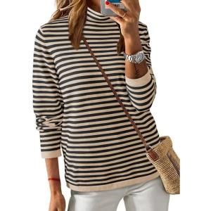 imageDokotoo Womens Lightweight Sweaters 2025 Fashion Striped Long Sleeve Sweaters Casual Pullover Turtleneck Sweater TopsApricot Stripe