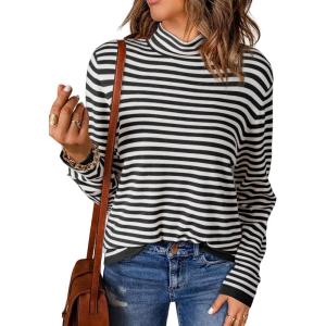 imageDokotoo Womens Lightweight Sweaters 2025 Fashion Striped Long Sleeve Sweaters Casual Pullover Turtleneck Sweater TopsBlack Stripe