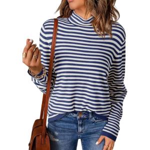 imageDokotoo Womens Lightweight Sweaters 2025 Fashion Striped Long Sleeve Sweaters Casual Pullover Turtleneck Sweater TopsBlue Stripe