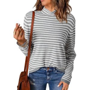 imageDokotoo Womens Lightweight Sweaters 2025 Fashion Striped Long Sleeve Sweaters Casual Pullover Turtleneck Sweater TopsGray Stripe