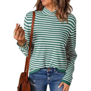 imageDokotoo Womens Lightweight Sweaters 2025 Fashion Striped Long Sleeve Sweaters Casual Pullover Turtleneck Sweater TopsGreen Stripe