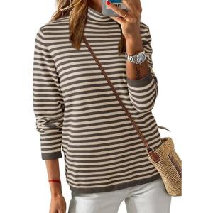 imageDokotoo Womens Lightweight Sweaters 2025 Fashion Striped Long Sleeve Sweaters Casual Pullover Turtleneck Sweater TopsKhaki Stripe 2