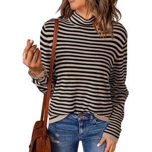 imageDokotoo Womens Lightweight Sweaters 2025 Fashion Striped Long Sleeve Sweaters Casual Pullover Turtleneck Sweater TopsKhaki Stripe