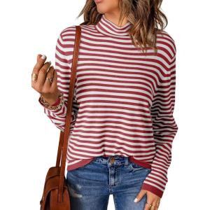 imageDokotoo Womens Lightweight Sweaters 2025 Fashion Striped Long Sleeve Sweaters Casual Pullover Turtleneck Sweater TopsRed Stripe
