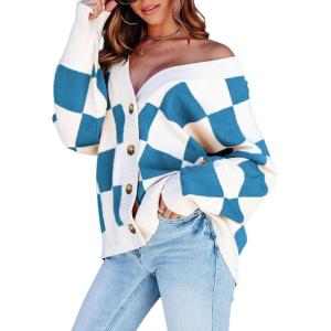 imageDokotoo Womens Plaid V Neck Button Down Long Sleeve Cable Knit Oversized Cardigan Sweaters TopsBlue