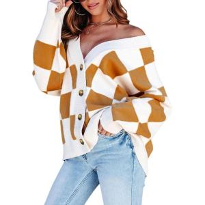 imageDokotoo Womens Plaid V Neck Button Down Long Sleeve Cable Knit Oversized Cardigan Sweaters TopsBrown