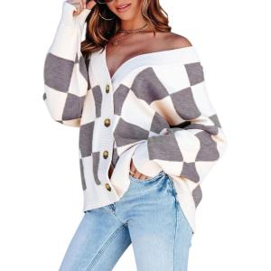 imageDokotoo Womens Plaid V Neck Button Down Long Sleeve Cable Knit Oversized Cardigan Sweaters TopsGray