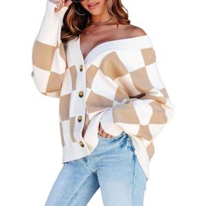 imageDokotoo Womens Plaid V Neck Button Down Long Sleeve Cable Knit Oversized Cardigan Sweaters TopsKhaki
