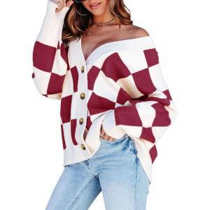 imageDokotoo Womens Plaid V Neck Button Down Long Sleeve Cable Knit Oversized Cardigan Sweaters TopsRed
