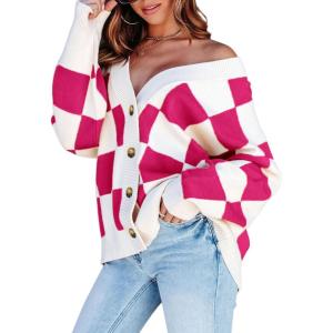 imageDokotoo Womens Plaid V Neck Button Down Long Sleeve Cable Knit Oversized Cardigan Sweaters TopsRose