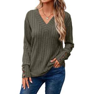 imageDokotoo Womens Soft Long Sleeve V Neck Shirts Solid Casual Decorative Buttons Knitted Pullover Tunic TopsAmoss Green