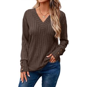 imageDokotoo Womens Soft Long Sleeve V Neck Shirts Solid Casual Decorative Buttons Knitted Pullover Tunic TopsCoffee