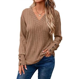 imageDokotoo Womens Soft Long Sleeve V Neck Shirts Solid Casual Decorative Buttons Knitted Pullover Tunic TopsLight French Beige